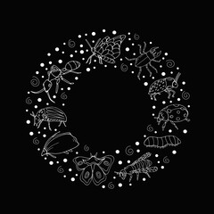 Set with insects. Vector isolated illustration with insect. Butterfly, ant, beetle, ladybug, caterpillar, bee on a black background. Design for biology books. Insects. Printing on paper. 