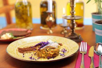 
Herring tartare in Jewish style. Traditional Jewish cuisine.
Appetizing dish. Suggestion of serving a dish. Culinary photography.
