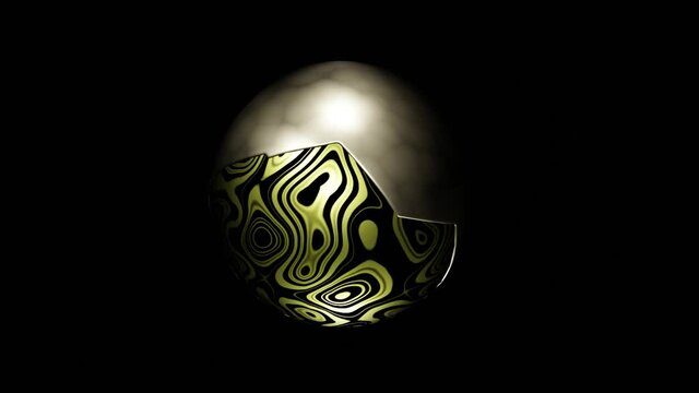 HD video of abstract seamless rotating 360 animation loop of 3D renders shell and metallic sphere or circle object, with beautiful texture or pattern and studio lighting, isolated on black background.