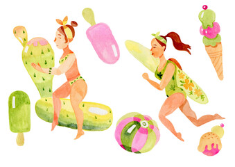 Summer girls in the pool with inflatable toys