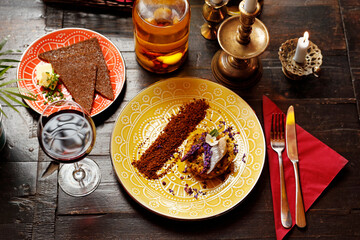 
Herring tartare in Jewish style. Traditional Jewish cuisine.
Appetizing dish. Suggestion of serving a dish. Culinary photography.