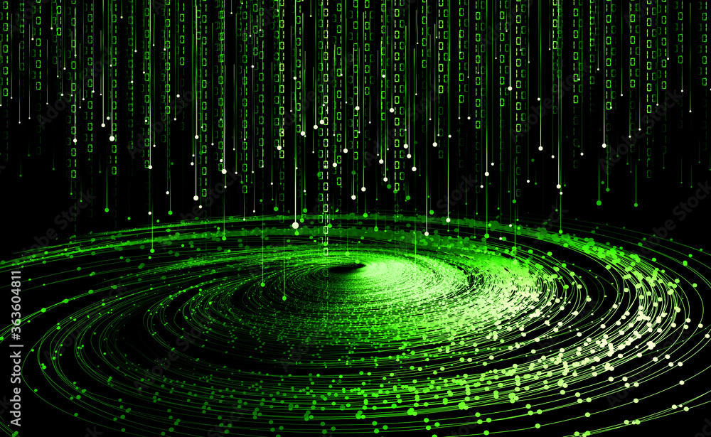 Poster dotted line, 01 digital binary luminous particle vortex, internet technology, big data, communicatio