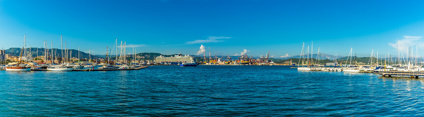 A panorama view across the harbour and docks at La Spezia, Italy in summer