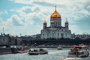 Christ the Saviour Church in sunny weather near the Moscow River embankment