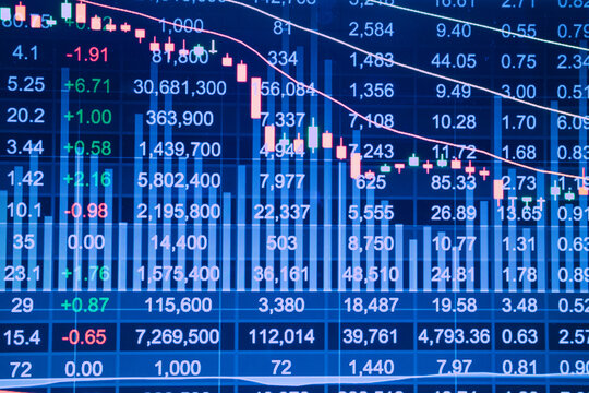 Double exposure stocks market chart, Stock market data on LED display concept.