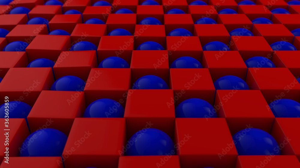 Poster 3d rendering of an abstract geometric background with many cubes and spheres arranged in a staggered