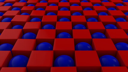 3D rendering of an abstract geometric background with many cubes and spheres arranged in a staggered order. 3D desktop illustration, background, screen saver.