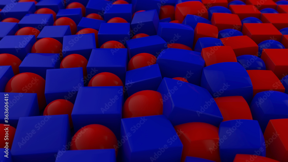 Poster 3d rendering of an abstract geometric background with many cubes and spheres arranged in a staggered