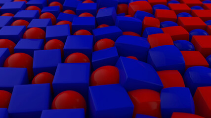 Fototapeta premium 3D rendering of an abstract geometric background with many cubes and spheres arranged in a staggered order. Some of the figures changed shape and position. Abstract background