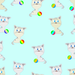 Cute and funny cat with a colorful ball on a light background. Seamless pattern. Vector illustration