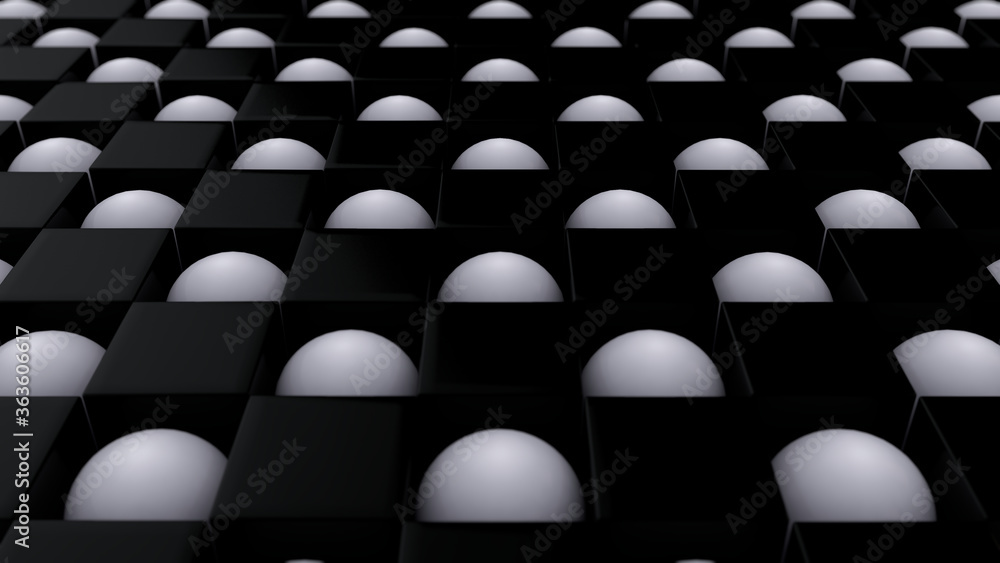 Poster 3d rendering of an abstract geometric background with a lot of black and white cubes and spheres arr