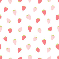 Cute seamless pattern with pink strawberries. Natural summer print with berry, fresh fruits in hand drawn style. Colorful vector strawberry background. - 363606652