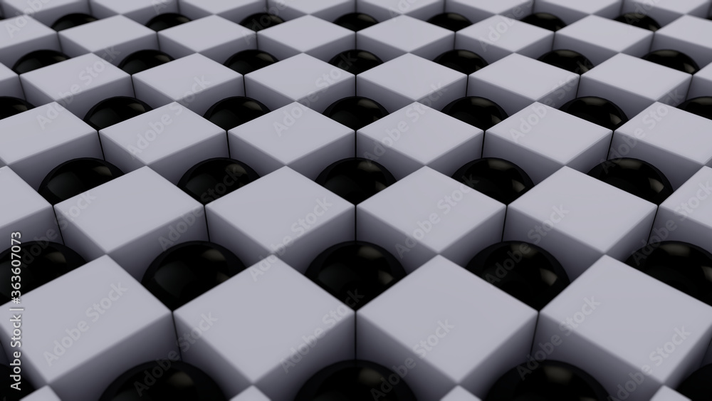 Poster 3d rendering of an abstract geometric background with a lot of black and white cubes and spheres arr