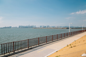 Sea and Incheon modern cityscape from Oido in Siheung, Korea