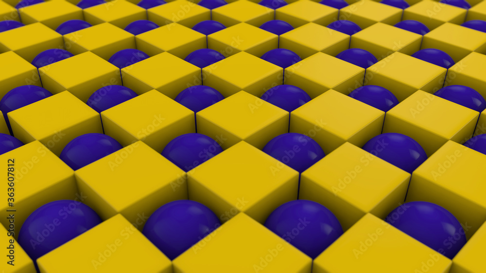 Aufkleber 3d rendering of an abstract geometric background with many cubes and spheres arranged in a staggered