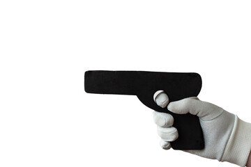 A gray gloved hand holds a dummy pistol for self defense training