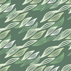 Herbal outline leaves in pastel colors on green background. Seamless random pattern.
