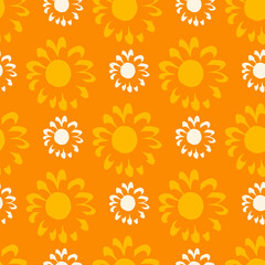Small white and middle yellow flowers on herbal pattern. Orange background.