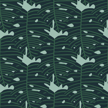 Monstera leaves on seamless botanic pattern in dark green and blue tones.
