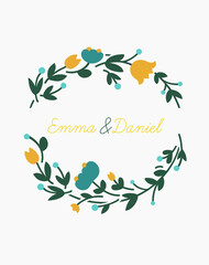 Vector wreath made with branches, leaves and flowers in flat style - lovely romantic frame for wedding invitation, fashion, beauty and jewelry industry.