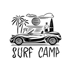 Surf camp badge, Vintage Surfer logo. Retro car. Summer California. Man on the surfboard. Engraved emblem hand drawn. Banner or poster.