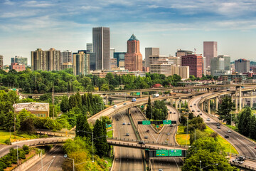 Skyline, city of Portland, Oregon.  Interstate i5 freeway interchange