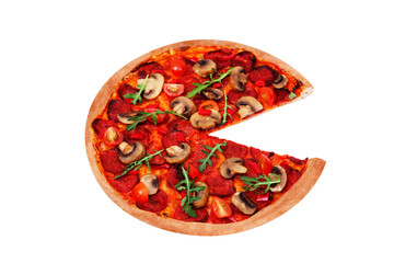 Tasty italian pizza hot with spicy salami, arugula, cherry tomatoes, mushrooms and texas spice mix, without one slice, isolated on white background, angle view
