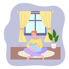Young mother feeding her baby with milk from bottle. Woman sitting at carpet in room and holding kid in hands. Care of young parent. First steps of motherhood. Single mother, parenting concept