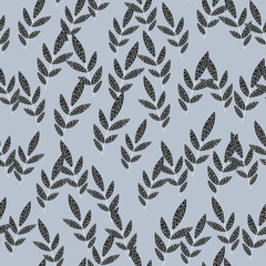 Random located brown twigs with dashes on light blue background. Botanic seamless pattern.