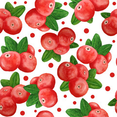 Watercolor hand drawn seamless pattern illustration of cranberry cowberry lingonberry partridgeberry red berries and green leaves. Healthy organic wood woodland forest berries on polka dot background.