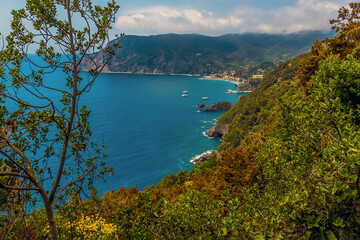 Fototapeta na wymiar A panorama view over Monterosso al Mare from the Monterosso to Vernazza path in summertime