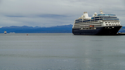 Cruiseships or cruise ship liners in Ushuaia, Patagonia in Argentina with breathtaking and...