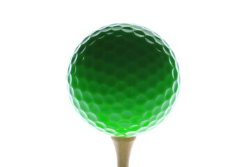 Green golf ball resting on a tee