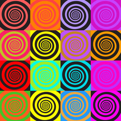 Fototapeta na wymiar Set of psychedelic spirals in comic style. Seamless pattern from colorfull spirals on bright square background