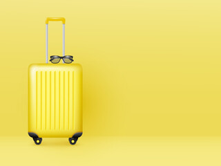 Suitcase with sunglasses on pastel yellow background. Summer holidays, vacation and travel minimal concept. Copy space. Vector.