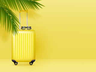 Suitcase with sunglasses and palm leaves on pastel yellow background. Summer holidays, vacation and travel minimal concept. Copy space. Vector.