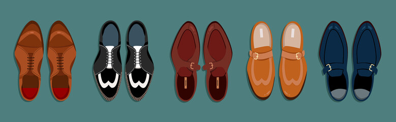 Men shoe collection top-down view. Classic men shoes isolated illustration. Hand-drawn vector clip art for web banner and print. Trendy flat-lay style illustration of a men shoe pairs. 