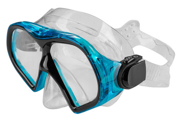 blue plastic snorkeling mask, with silicone shutter, diagonal arrangement, on a white background