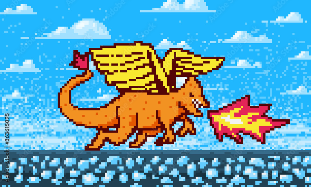 Poster fire dragon and clouds. game concept. pixel art 8 bit objects. retro digital game assets. fashion ic