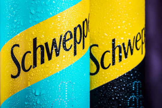 Moscow, Russia-June 16, 2020: Schweppes carbonated drinks in aluminum cans with different flavors. Schweppes is a brand of soft drinks founded by Jacob Schwepp in 1783