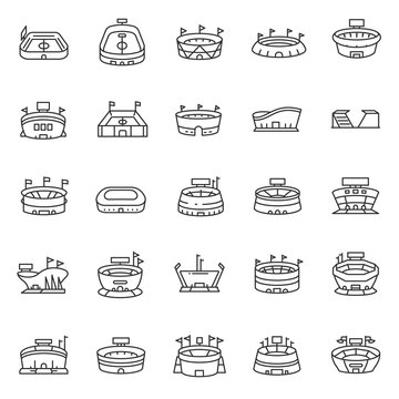 Sports stadium, icon set. Stadiums for athletic and sports events, various forms, linear icons. Line with editable stroke