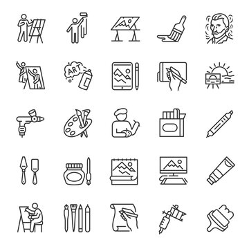 Painting, icon set. Drawing. Visual arts, tools for creating images, linear icons. Line with editable stroke