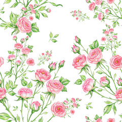 Seamless pattern of bouquets of roses drawn by pencil and paints on paper
