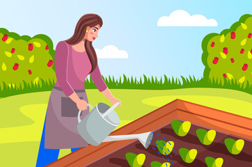 Obraz na płótnie Canvas Gardening illustration. Woman dressed apron is pouring seedlings in the garden from a watering can. Spring gardening. Agriculture gardener hobby and garden job. Self-sufficiency concept. Flat image