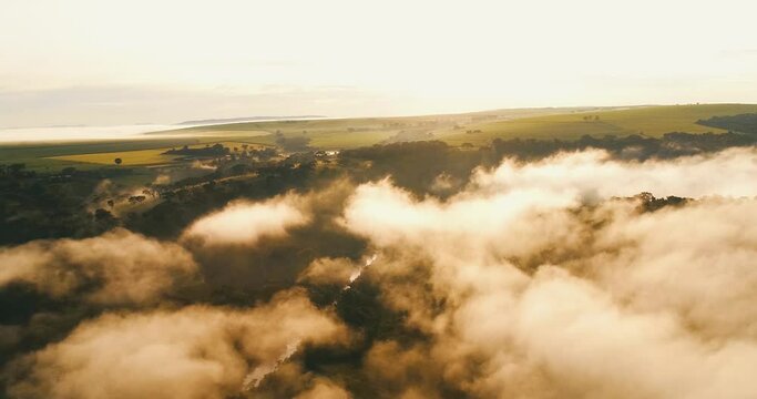 Agriculture - Beautiful aerial image over the clouds, area with fog at dawn - Agribusiness