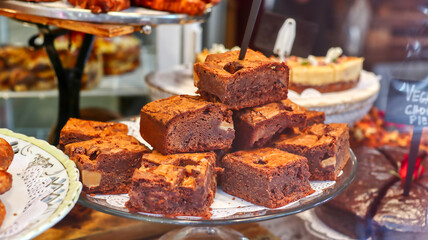 closeup on dessert table arrangement with focus on the brownies in the middle