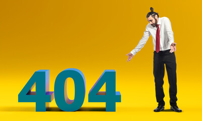 businessman looks at the writing of the 404 error