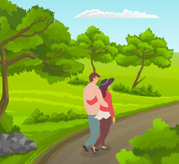 Happy in love couple walking at road near green wood with trees, bushes. People walking at nature hugging each other. Young guy spend leisure time together with girlfriend wearing hat outdoors