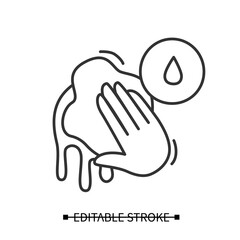Wet cleaning icon.Wiping with liquid soaked sponge linear pictogram.Concept of clean house, hygiene and surface disinfection instruction during covid pandemic.Editable stroke line vector illustration
