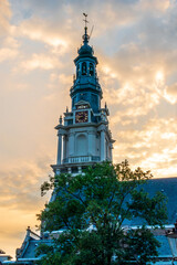 Church Tower at Sunset in Amsterdam, The Netherlands.
